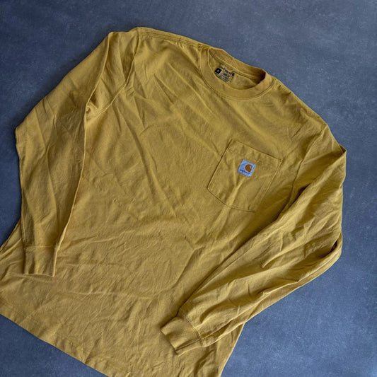 Carhartt Long Sleeve Yellow Gold Loose Fit Sleeve Spellout Vintage Workwear Streetwear Crewneck
