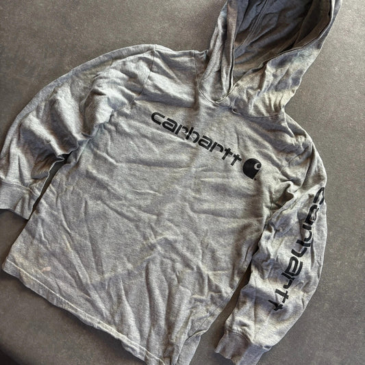 Carhartt Grey Spellout Hoodie Kids Size 6 Sleeve Graphic Logo Casual