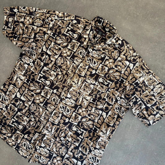 Lawton Harbor Brown Pattern Hawaiian Shirt Mens Large 100 Cotton Vintage