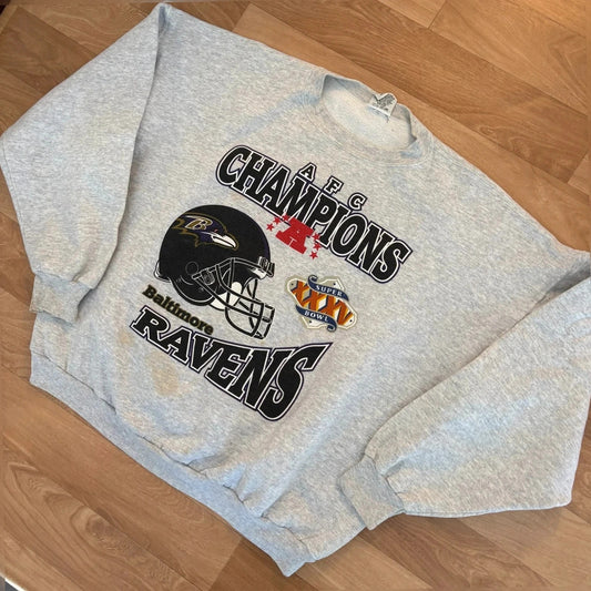Baltimore Ravens Grey AFC Champions super Bowl XXXV Graphic Vintage Sweatshirt Crewneck Mens