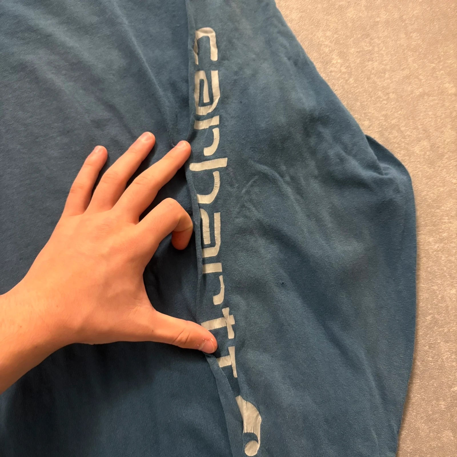 Carhartt Blue Sleeve Spellout Long Sleeve T-Shirt Mens Medium Workwear Casual