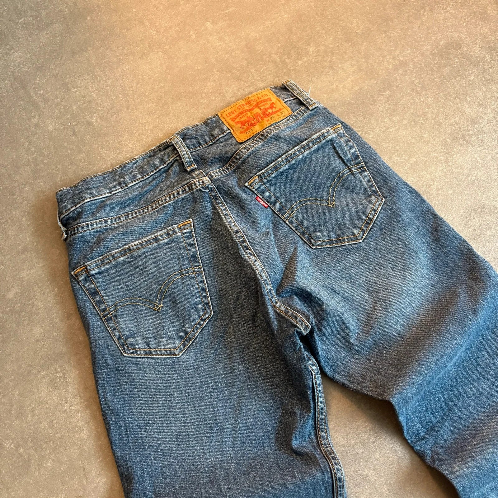 Levis 511 Slim Fit Jeans Mens W29 L30 Mid Wash Blue Denim Vintage Red Tab Tapered Slim Distressed