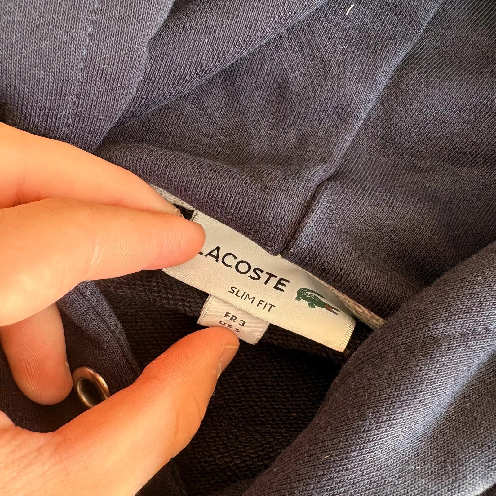 Lacoste Navy Blue Patch Logo Pullover Hoodie Mens Large Streetwear Casual Vintage