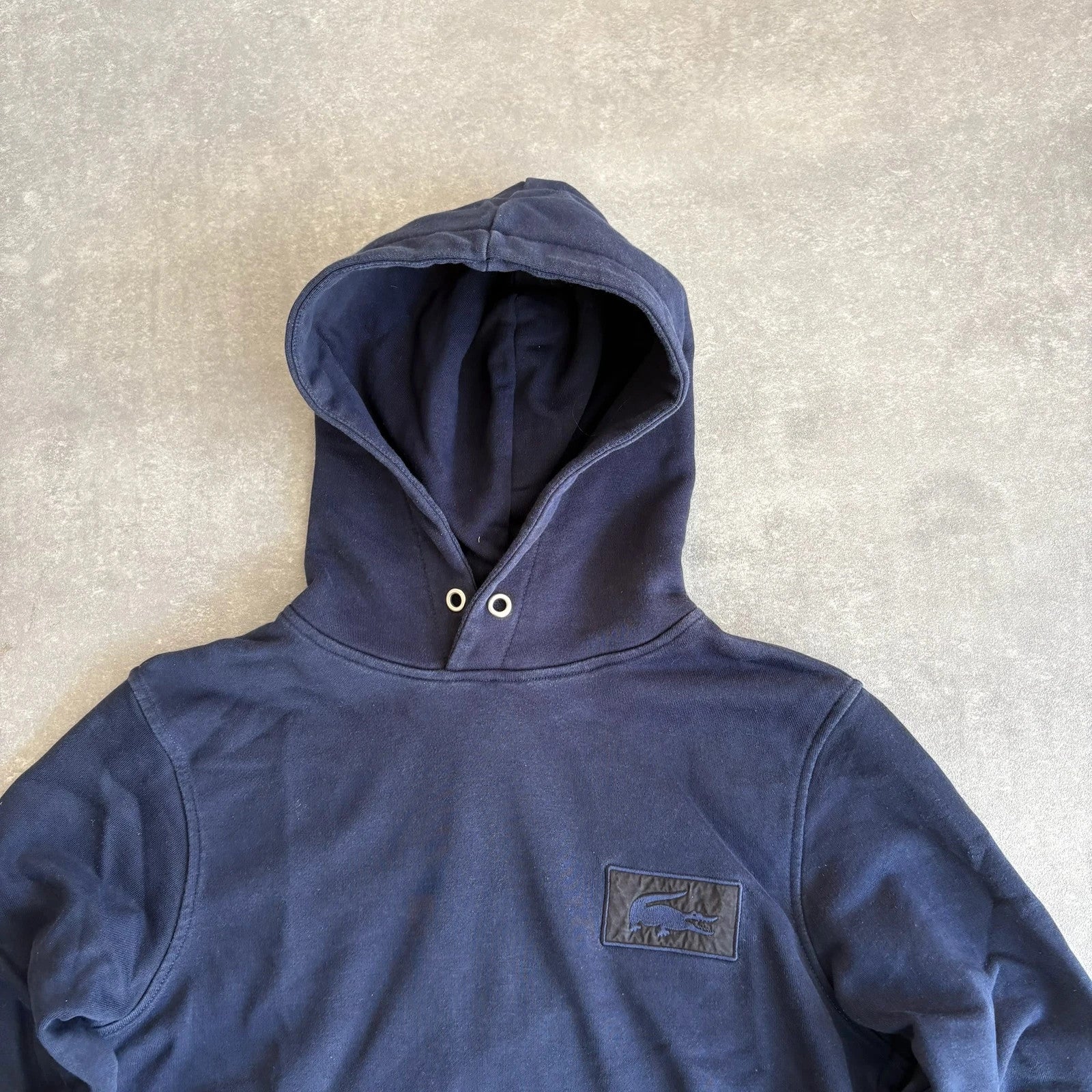 Lacoste Navy Blue Patch Logo Pullover Hoodie Mens Large Streetwear Casual Vintage