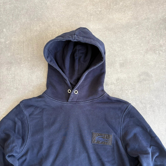 Lacoste Navy Blue Patch Logo Pullover Hoodie Mens Large Streetwear Casual Vintage
