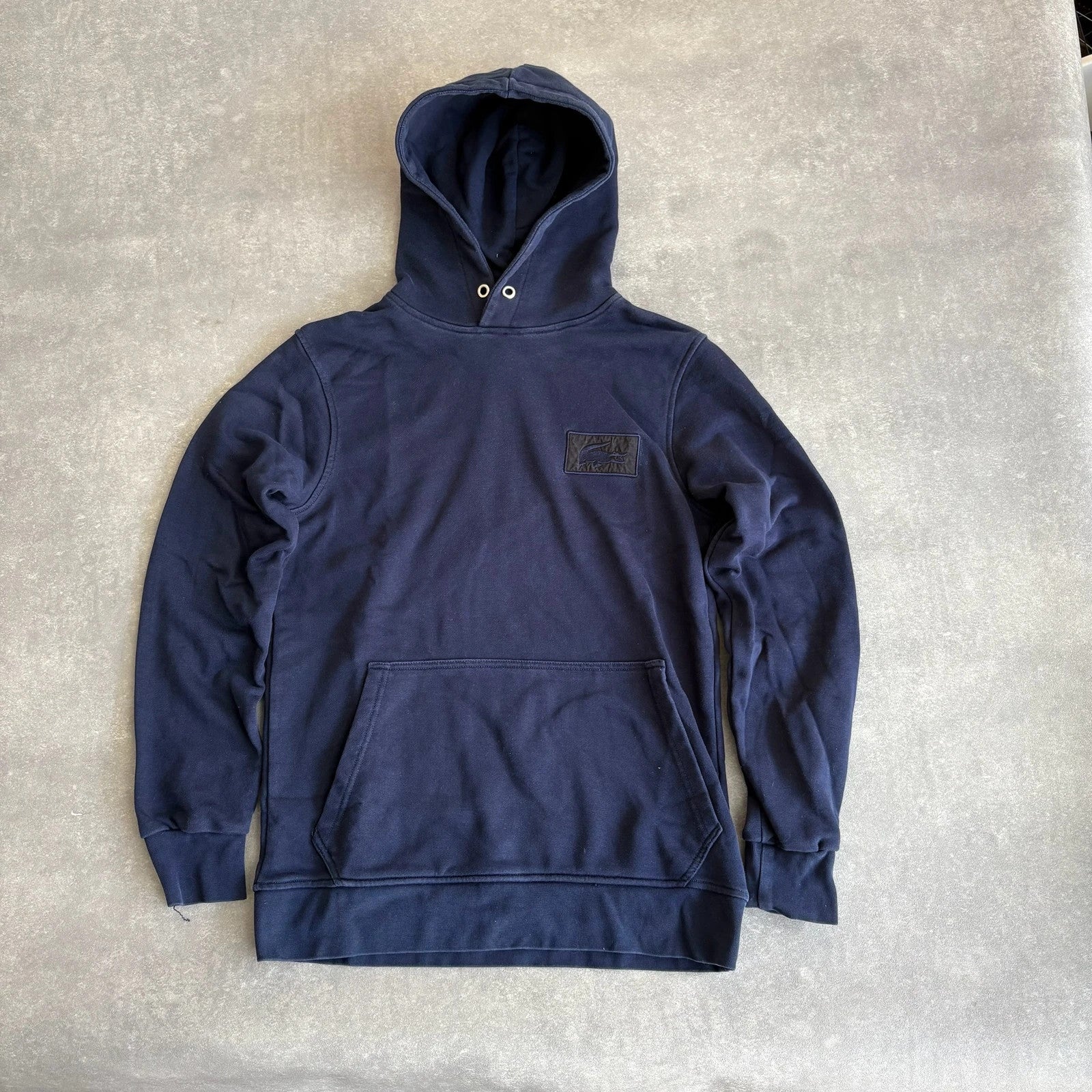 Lacoste Navy Blue Patch Logo Pullover Hoodie Mens Large Streetwear Casual Vintage
