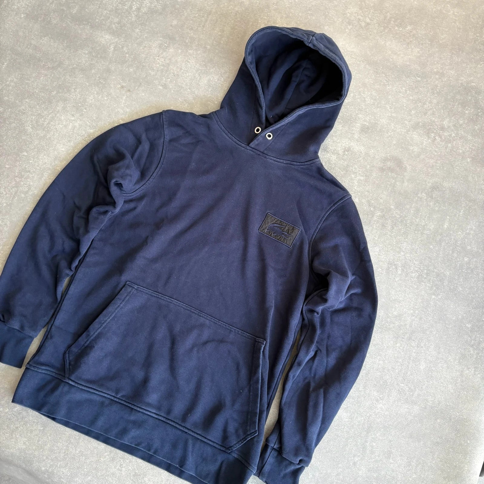 Lacoste Navy Blue Patch Logo Pullover Hoodie Mens Large Streetwear Casual Vintage