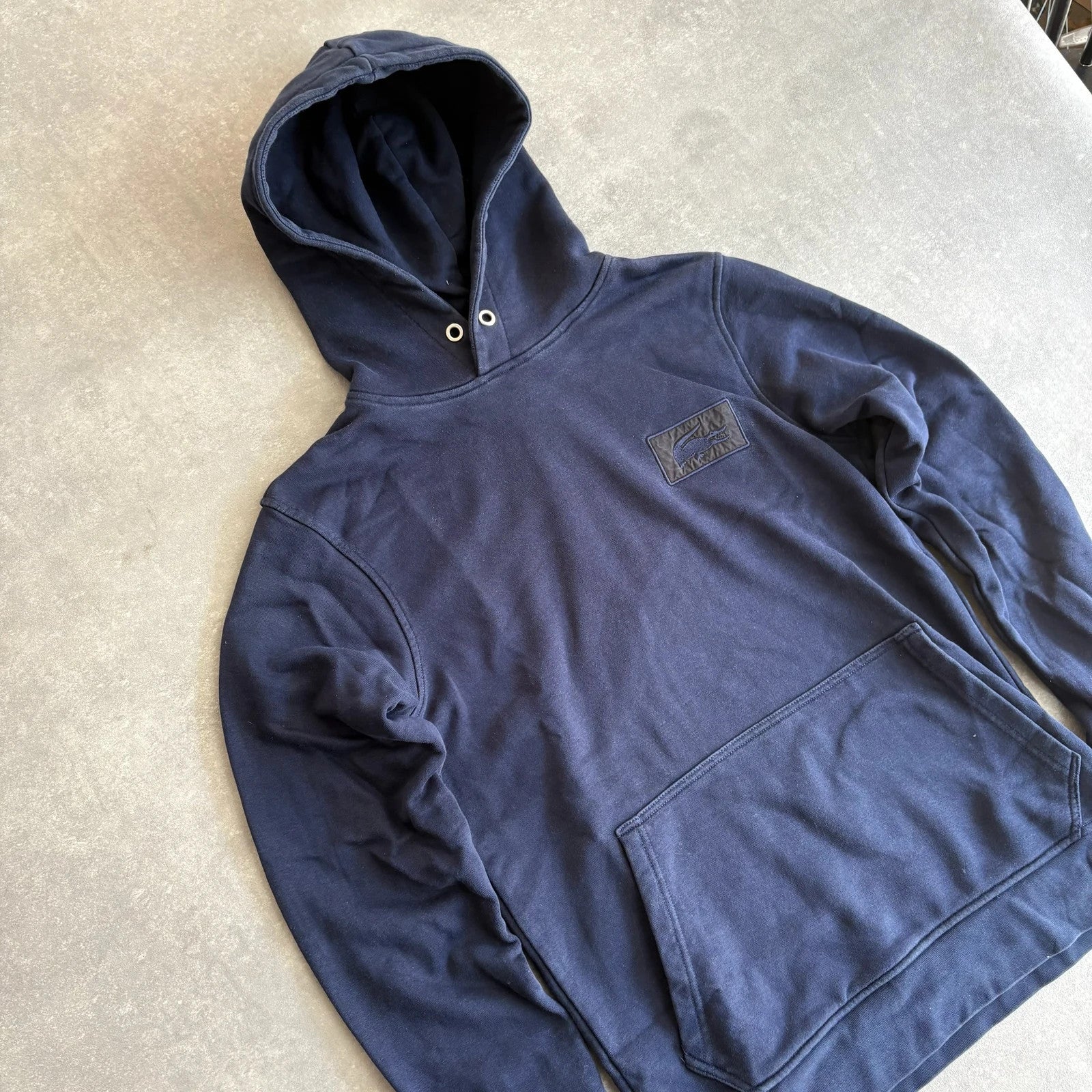 Lacoste Navy Blue Patch Logo Pullover Hoodie Mens Large Streetwear Casual Vintage
