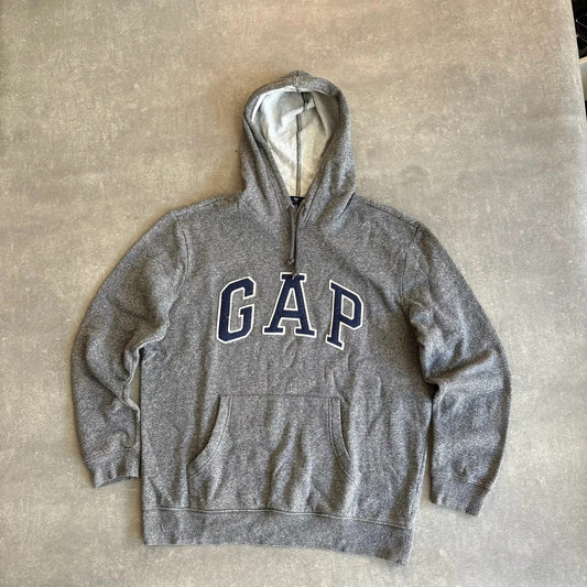 Gap Heather Grey Arch Spellout Pullover Hoodie Mens Medium Casual Collegiate Vintage