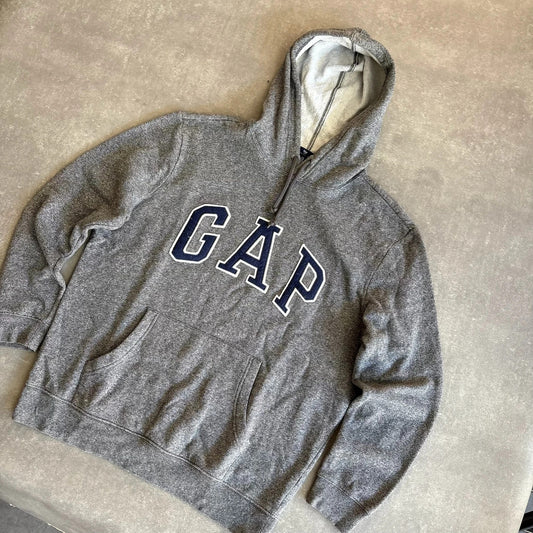 Gap Heather Grey Arch Spellout Pullover Hoodie Mens Medium Casual Collegiate Vintage