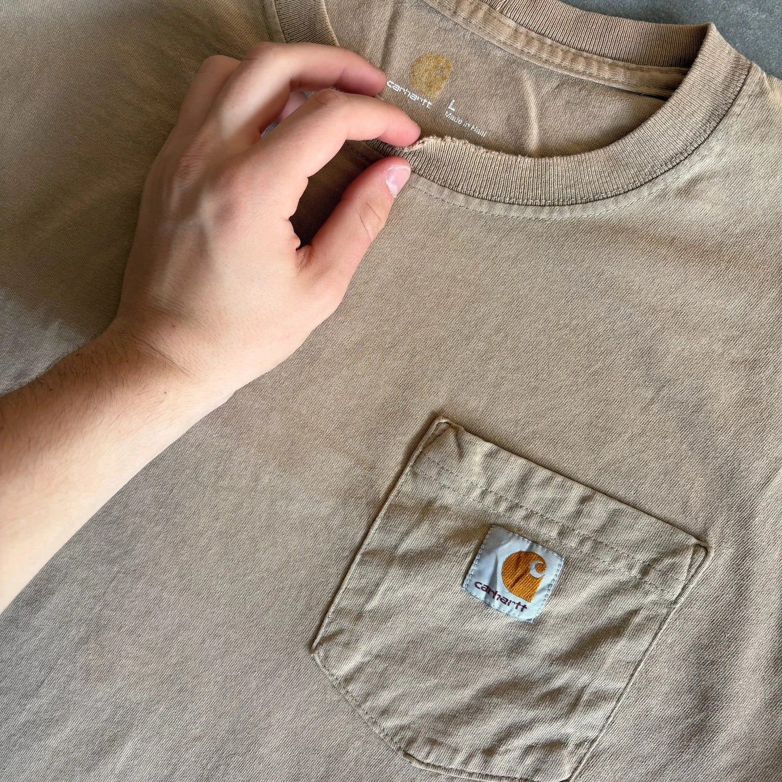 Carhartt Beige Pocket T-Shirt Mens Large Short Sleeve Workwear Vintage Embroidered Logo Casual Tee