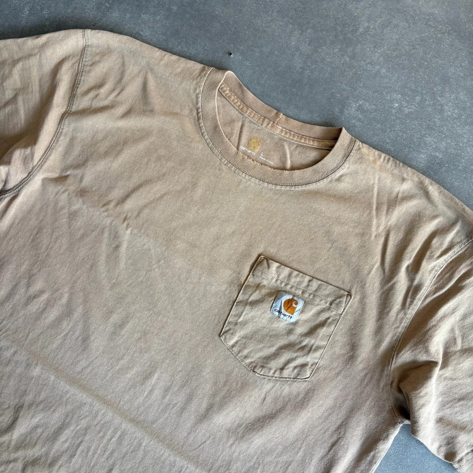 Carhartt Beige Pocket T-Shirt Mens Large Short Sleeve Workwear Vintage Embroidered Logo Casual Tee
