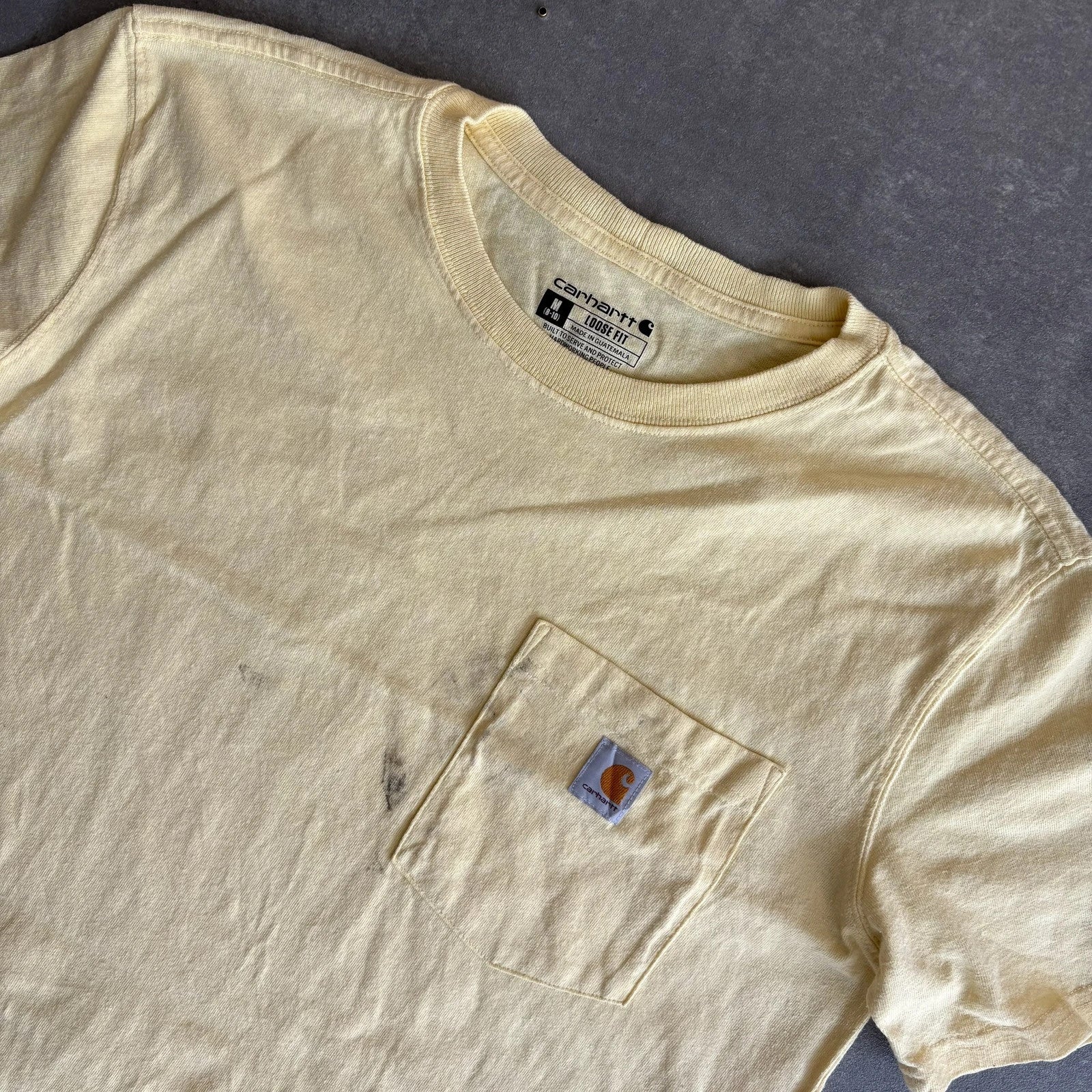 Carhartt Yellow Pocket T-Shirt Mens Medium Loose Fit Workwear Vintage Embroidered Logo Cotton Tee
