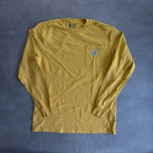 Carhartt Long Sleeve Yellow Gold Loose Fit Sleeve Spellout Vintage Workwear Streetwear Crewneck