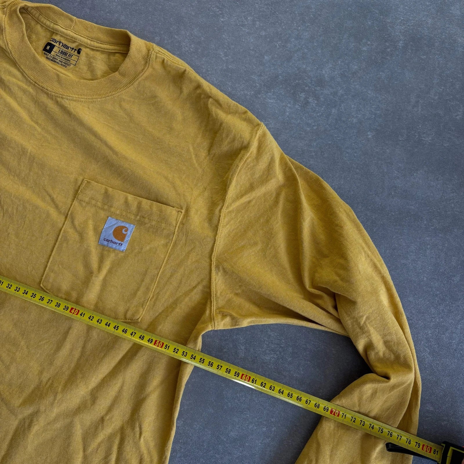 Carhartt Long Sleeve Yellow Gold Loose Fit Sleeve Spellout Vintage Workwear Streetwear Crewneck