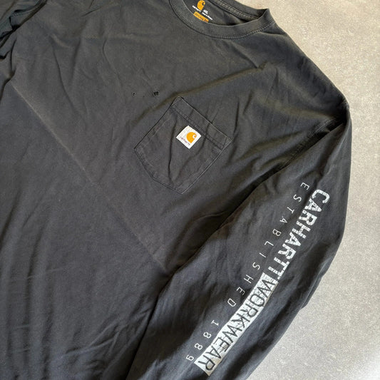 Carhartt Workwear Long Sleeve Black Sleeve Spellout Est 1889 Vintage Heavyweight Streetwear Crewneck
