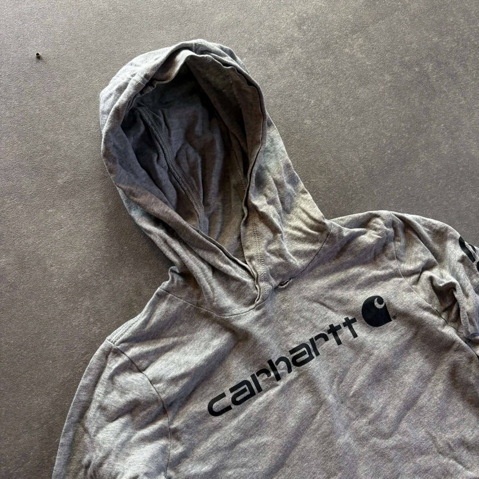 Carhartt Grey Spellout Hoodie Kids Size 6 Sleeve Graphic Logo Casual
