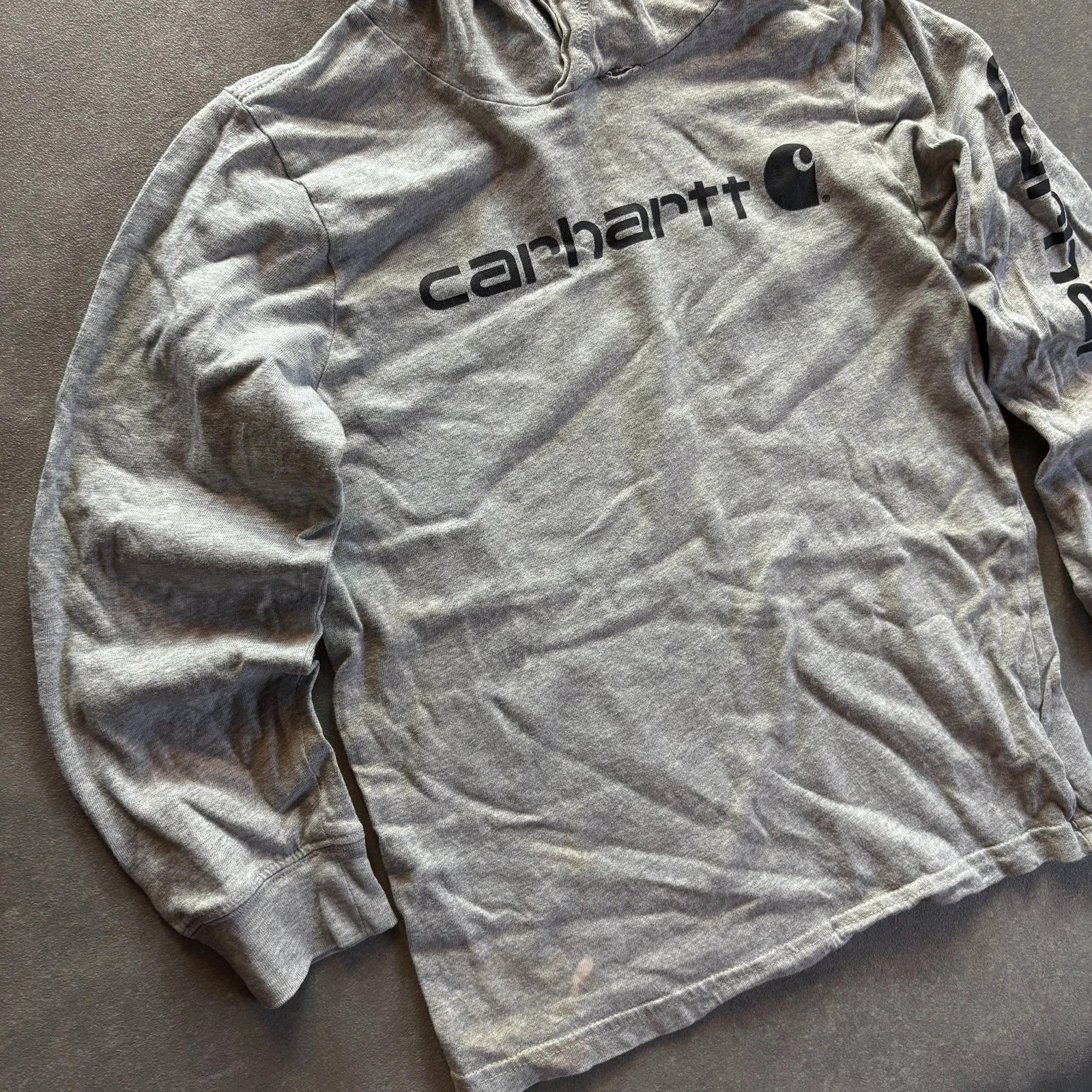 Carhartt Grey Spellout Hoodie Kids Size 6 Sleeve Graphic Logo Casual