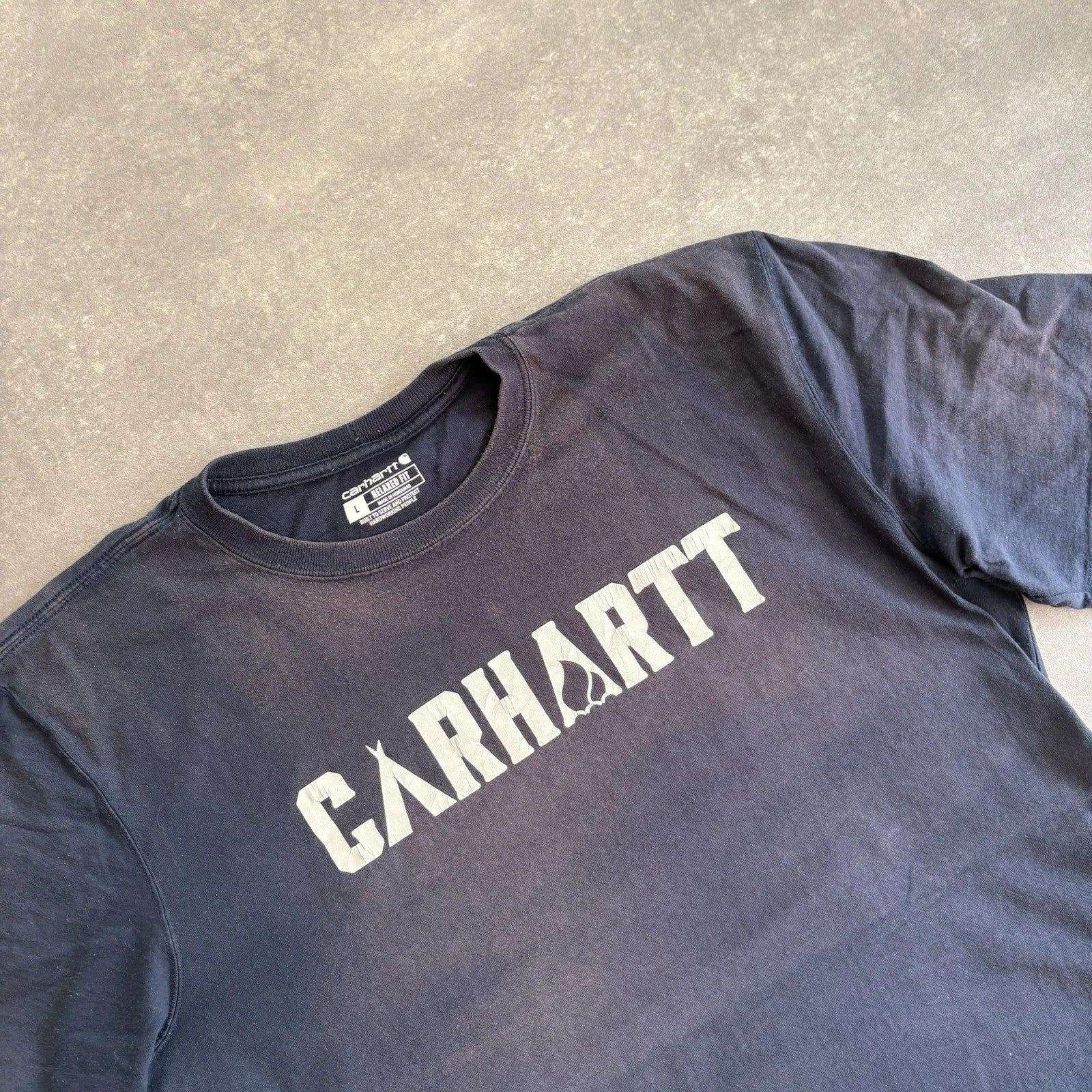 Carhartt Navy Spellout Graphic T-Shirt Mens Large Workwear Streetwear Logo