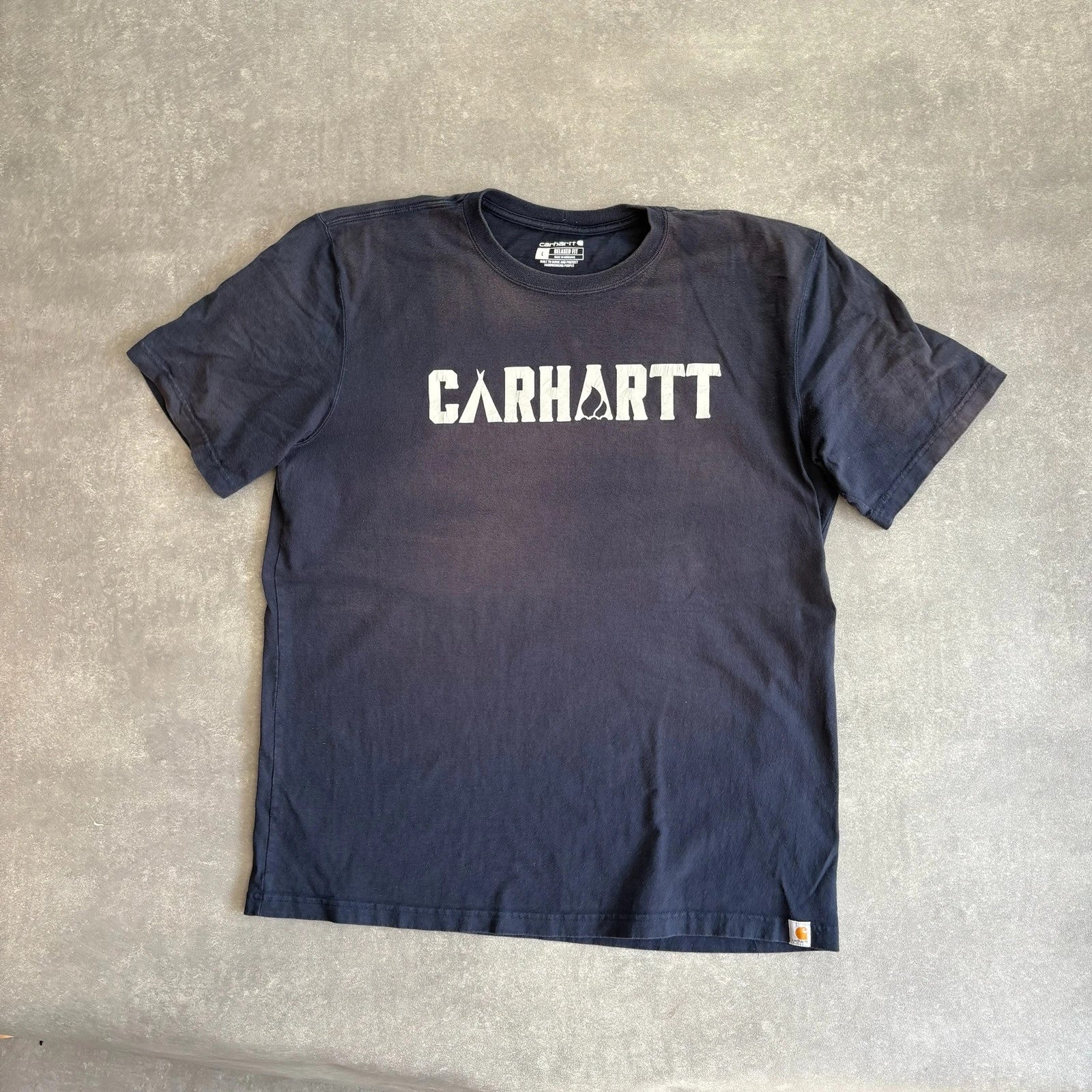 Carhartt Navy Spellout Graphic T-Shirt Mens Large Workwear Streetwear Logo