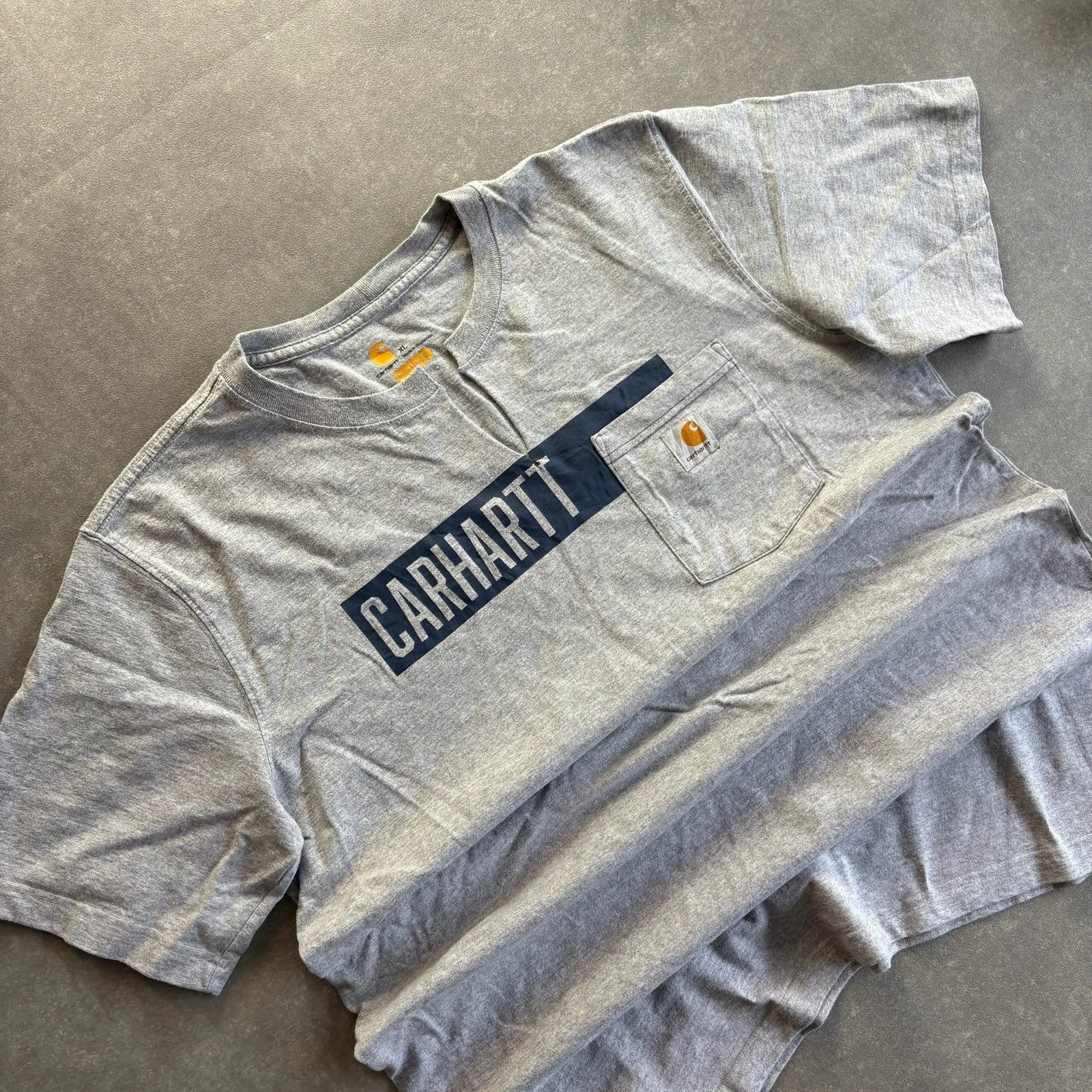 Carhartt Spellout Pocket Tee Heather Grey Chest Logo Vintage Heavyweight Workwear Crewneck