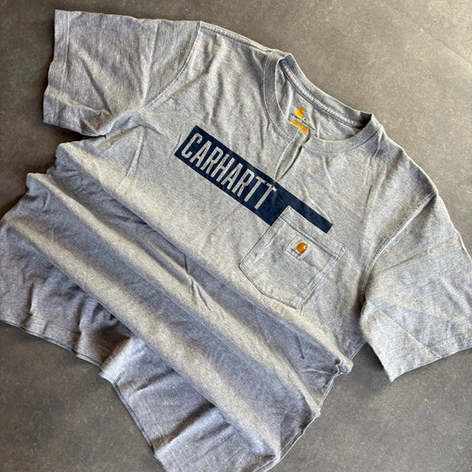 Carhartt Spellout Pocket Tee Heather Grey Chest Logo Vintage Heavyweight Workwear Crewneck