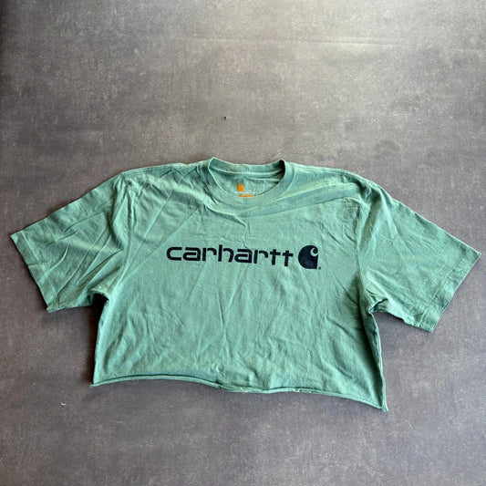 Carhartt Cropped Spellout Tee Sage Green Reworked Vintage Workwear Streetwear Casual Crewneck Womens