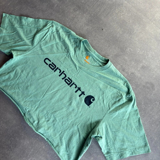 Carhartt Cropped Spellout Tee Sage Green Reworked Vintage Workwear Streetwear Casual Crewneck Womens