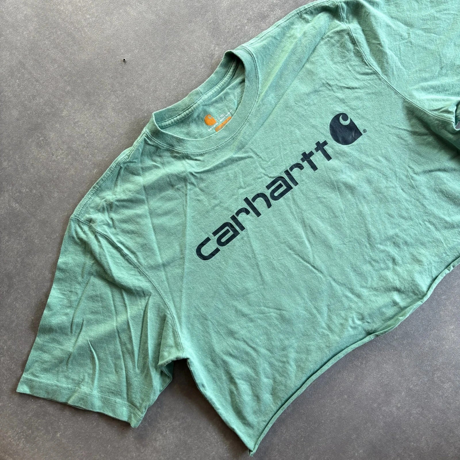 Carhartt Cropped Spellout Tee Sage Green Reworked Vintage Workwear Streetwear Casual Crewneck Womens