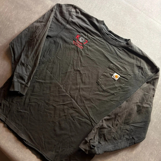 Carhartt K07 Schindler Grey Long Sleeve Workwear Pocket T Shirt Spellout Logo
