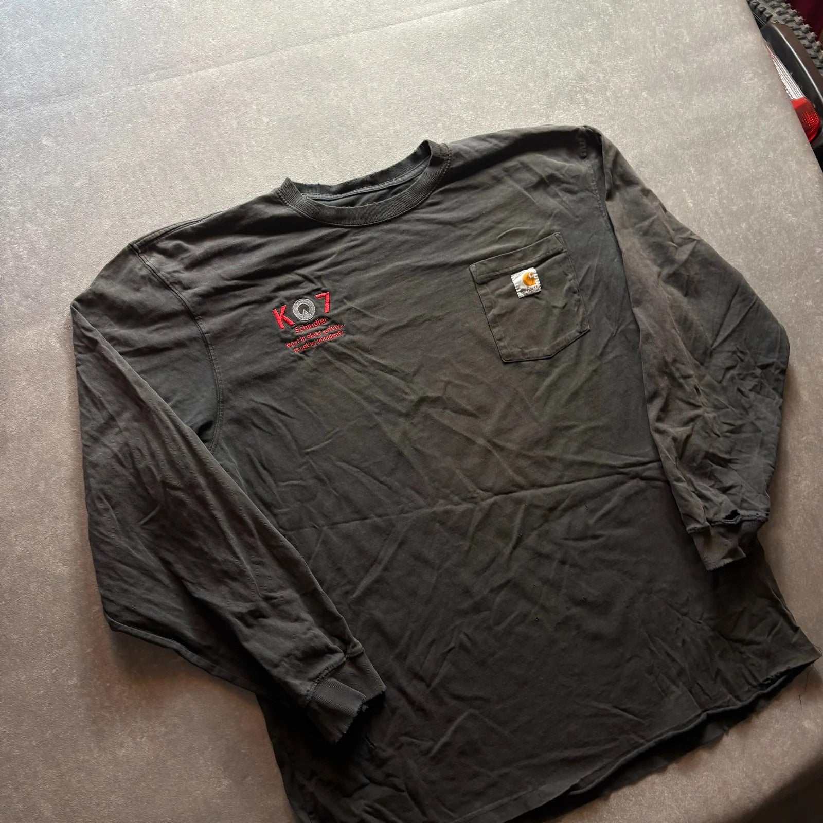 Carhartt K07 Schindler Grey Long Sleeve Workwear Pocket T Shirt Spellout Logo