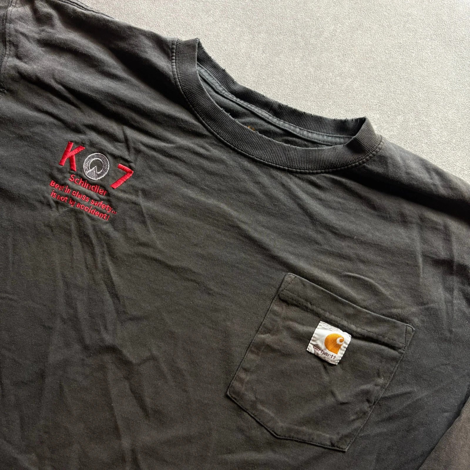 Carhartt K07 Schindler Grey Long Sleeve Workwear Pocket T Shirt Spellout Logo