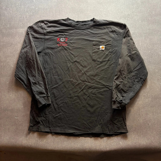 Carhartt K07 Schindler Grey Long Sleeve Workwear Pocket T Shirt Spellout Logo