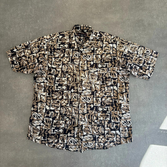 Lawton Harbor Brown Pattern Hawaiian Shirt Mens Large 100 Cotton Vintage