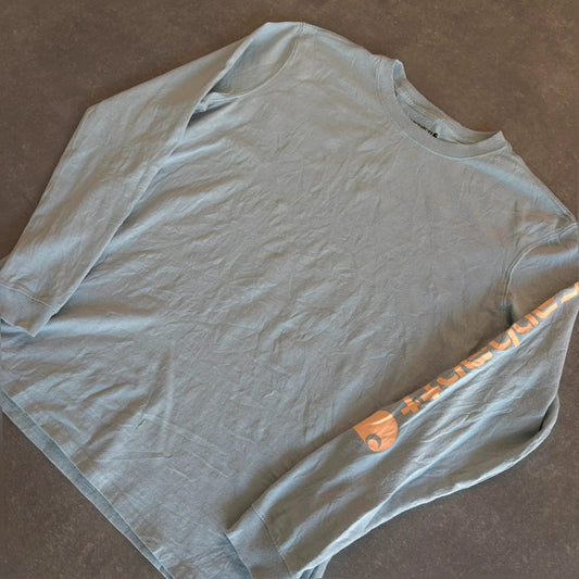 Carhartt Light Blue Long Sleeve Arm Logo T-Shirt Youth Large loose Fit Workwear Cotton