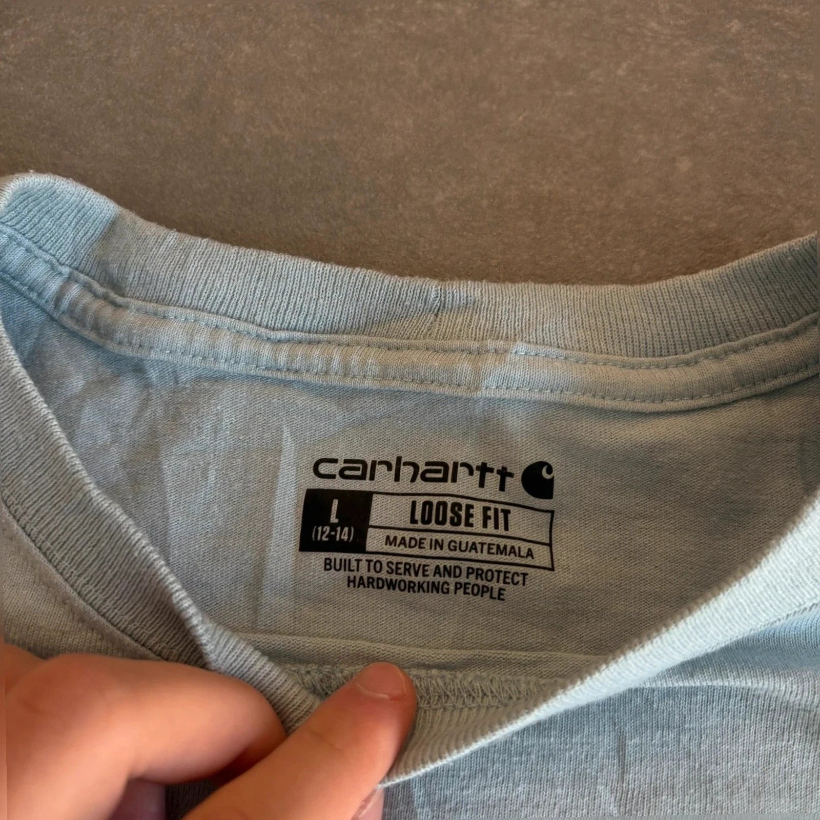Carhartt Light Blue Long Sleeve Arm Logo T-Shirt Youth Large loose Fit Workwear Cotton