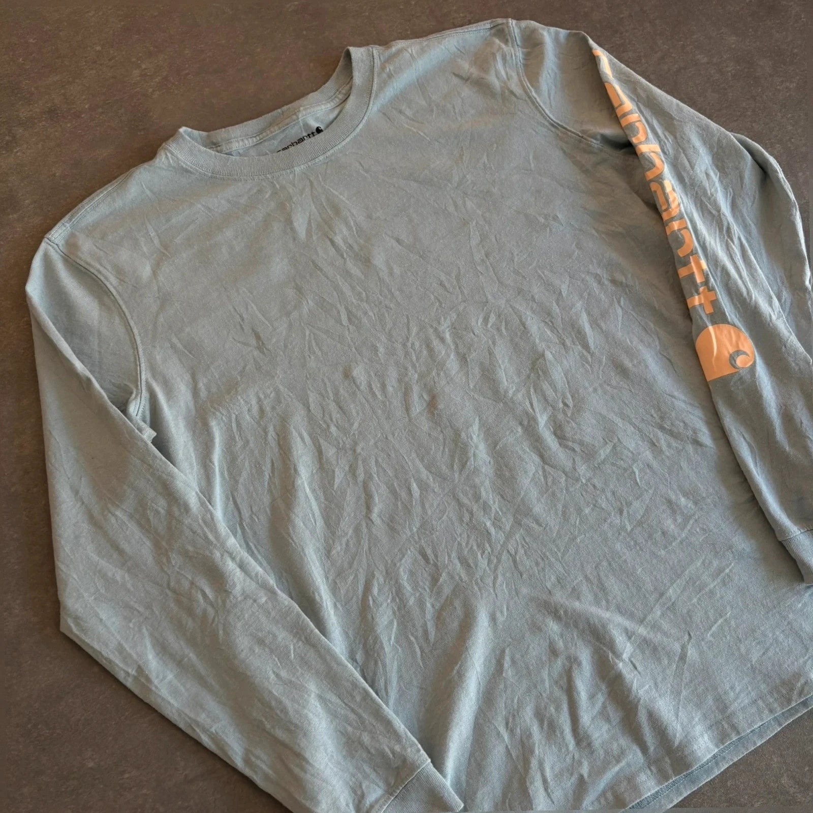 Carhartt Light Blue Long Sleeve Arm Logo T-Shirt Youth Large loose Fit Workwear Cotton