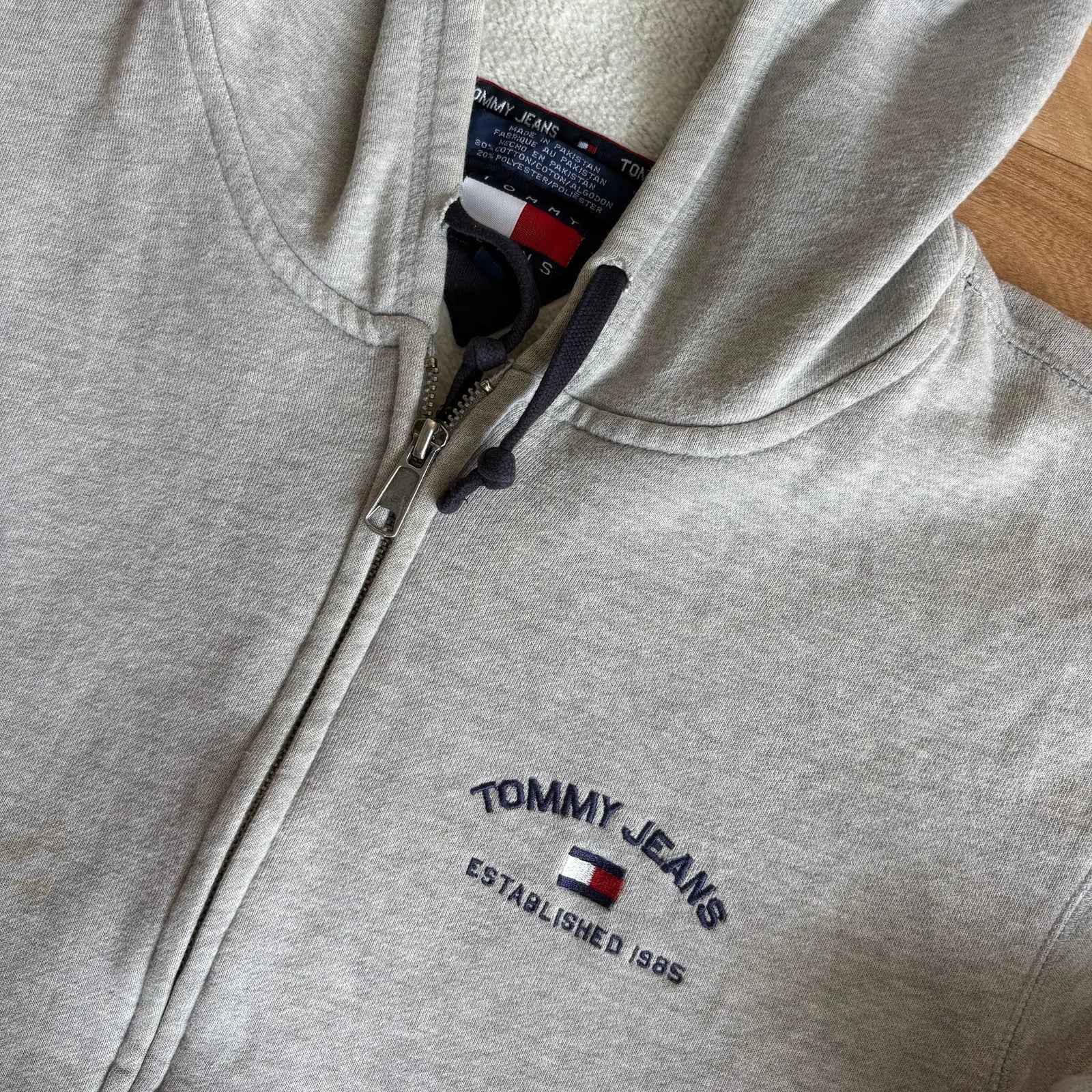 Tommy Jeans Grey Spellout Embroidered Zip Up Vintage Hoodie Flag Streetwear Mens