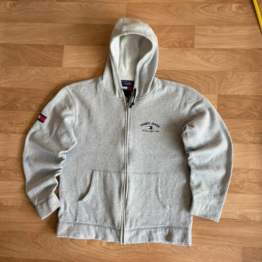 Tommy Jeans Grey Spellout Embroidered Zip Up Vintage Hoodie Flag Streetwear Mens