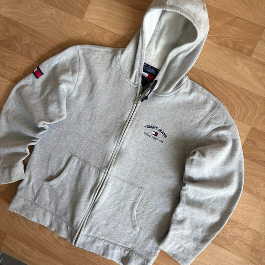 Tommy Jeans Grey Spellout Embroidered Zip Up Vintage Hoodie Flag Streetwear Mens