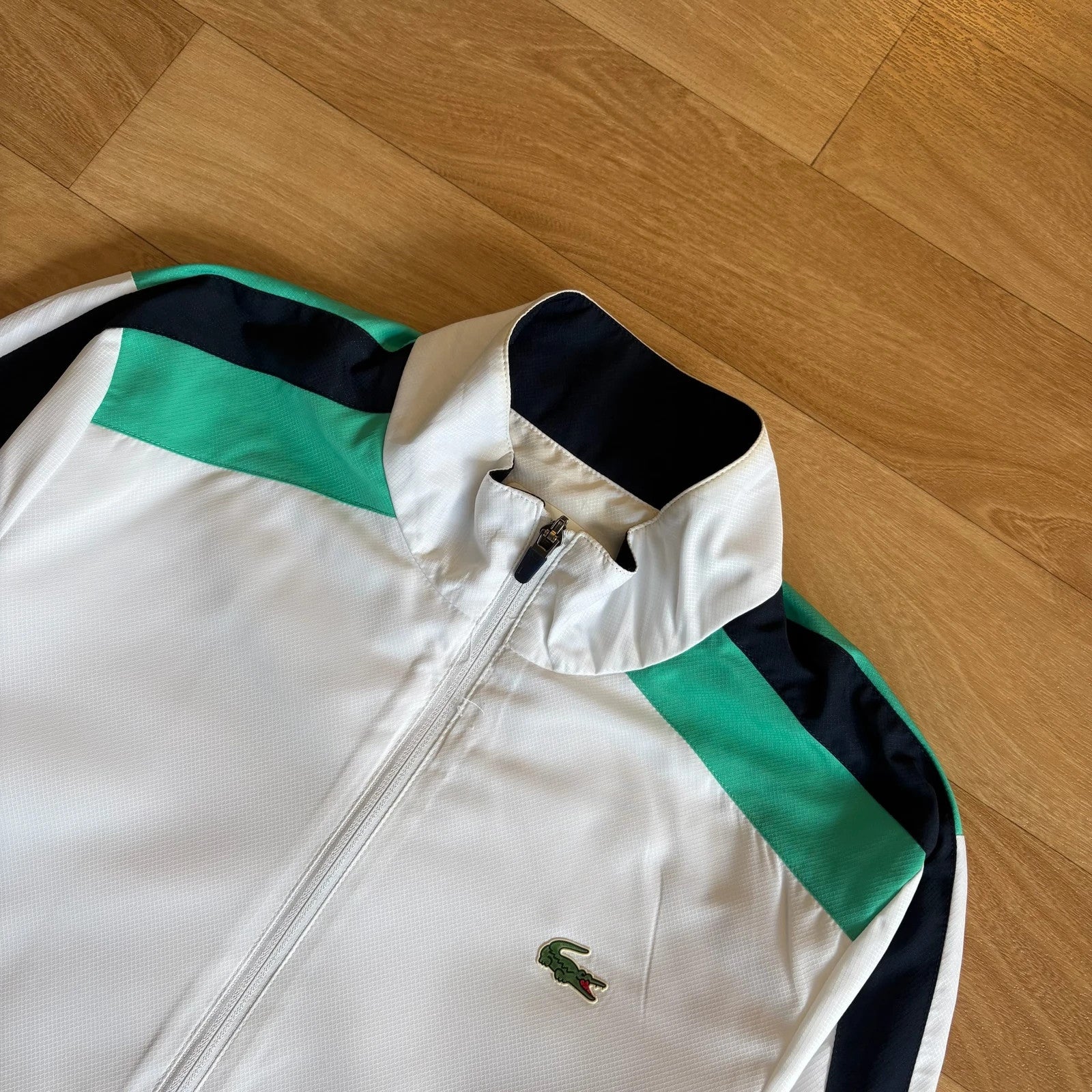 Lacoste Sport White Navy Green Colourblock Zip Up Vintage Track Jacket Streetwear Mens