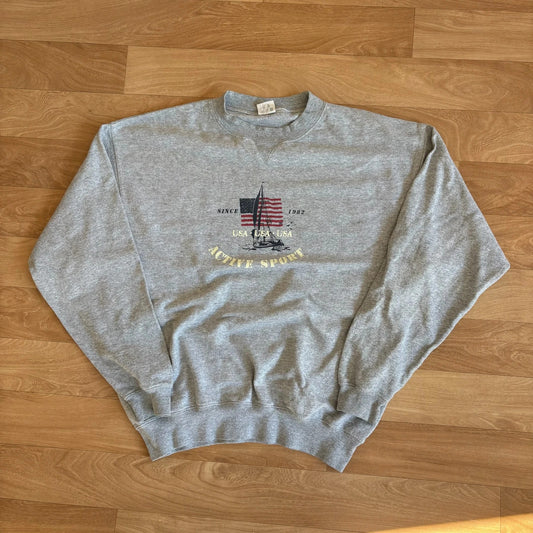 USA Active Sport Grey Sailing Flag Graphic Vintage Sweatshirt Crewneck Mens