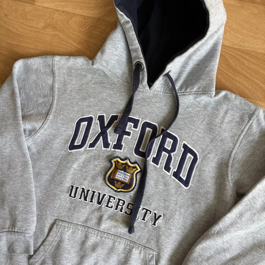 Oxford University Grey Navy Crest Embroidered Spellout Vintage Hoodie Collegiate Mens