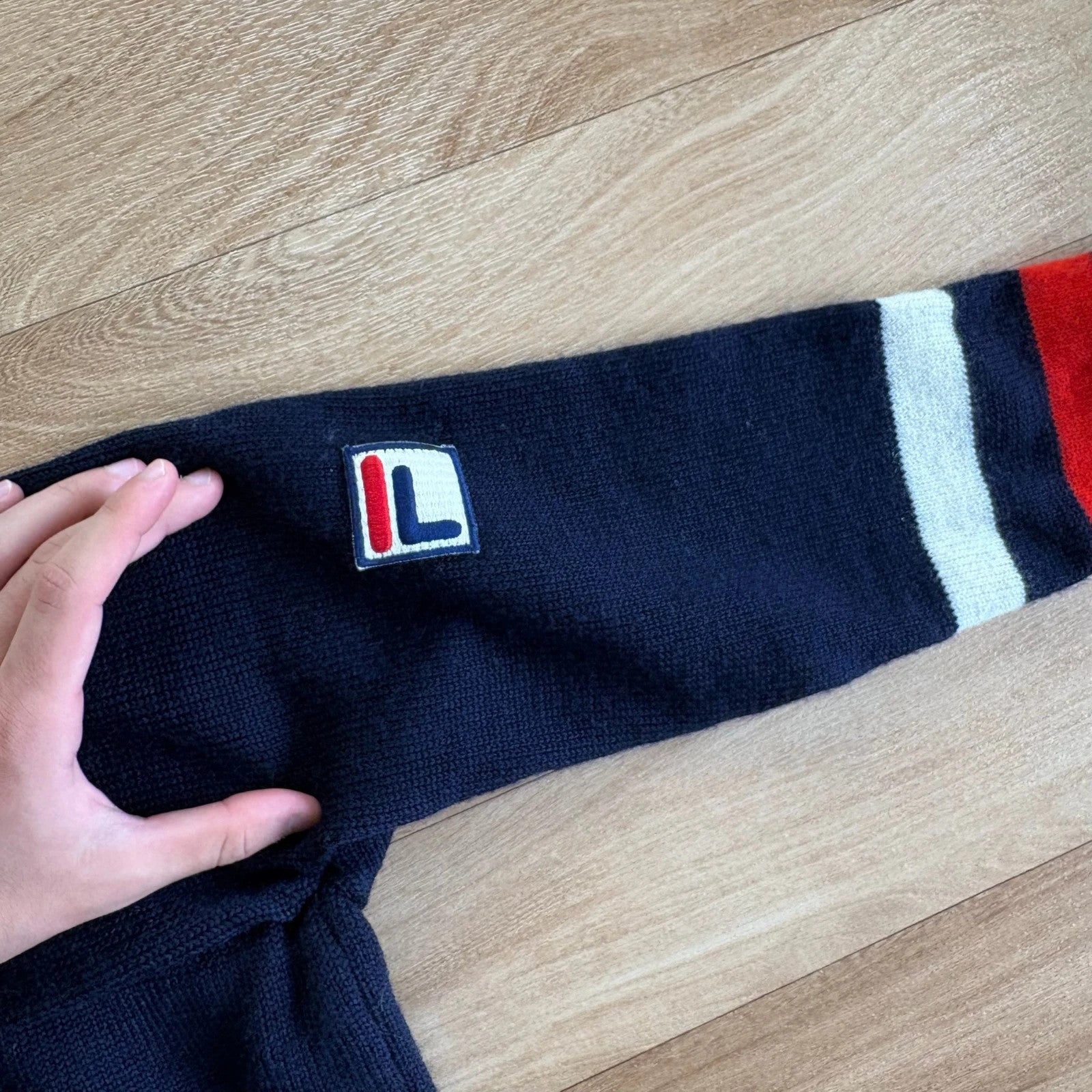 Fila Navy Red Cream Striped Knit Quarter Zip Retro Ski Sweater Mens