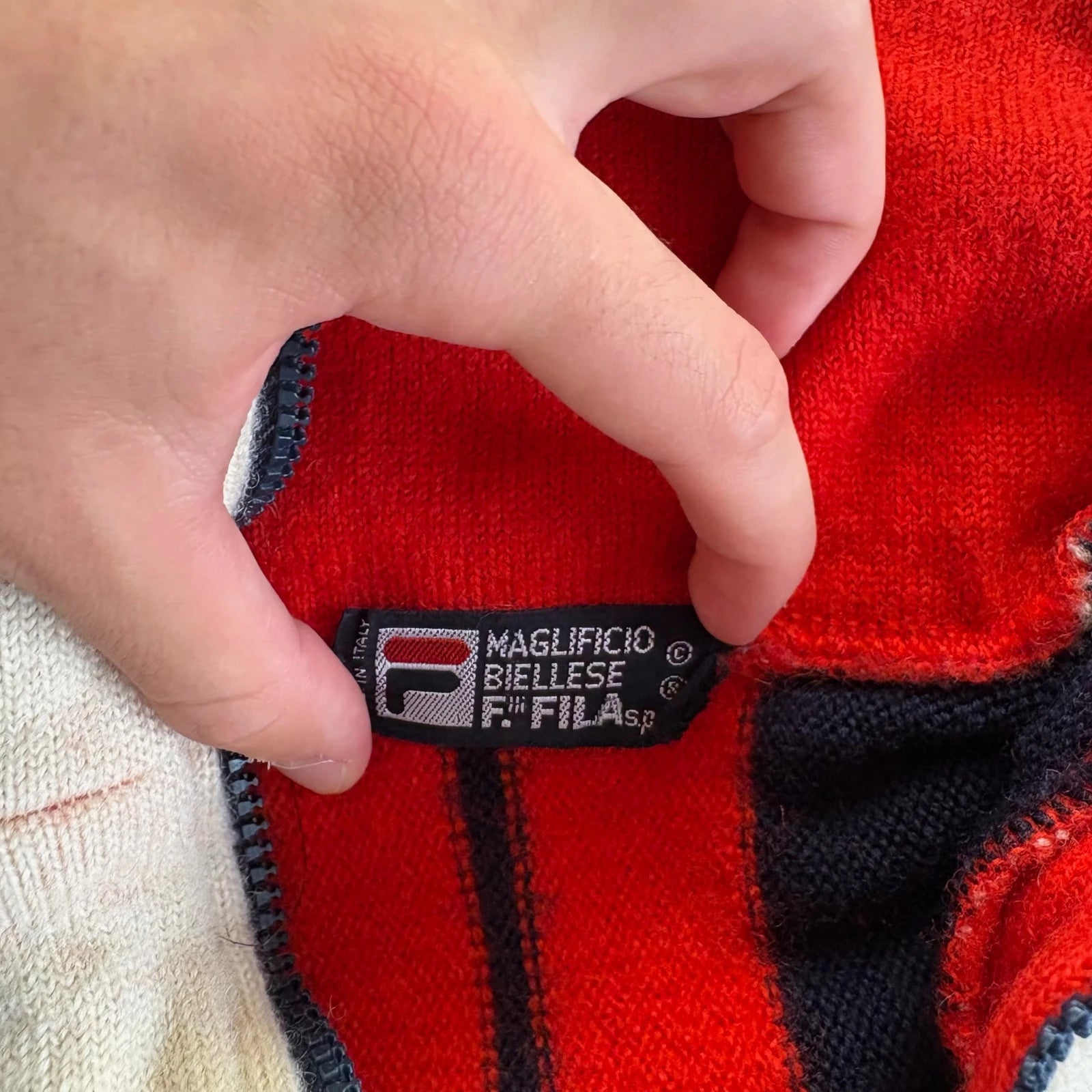 Fila Navy Red Cream Striped Knit Quarter Zip Retro Ski Sweater Mens