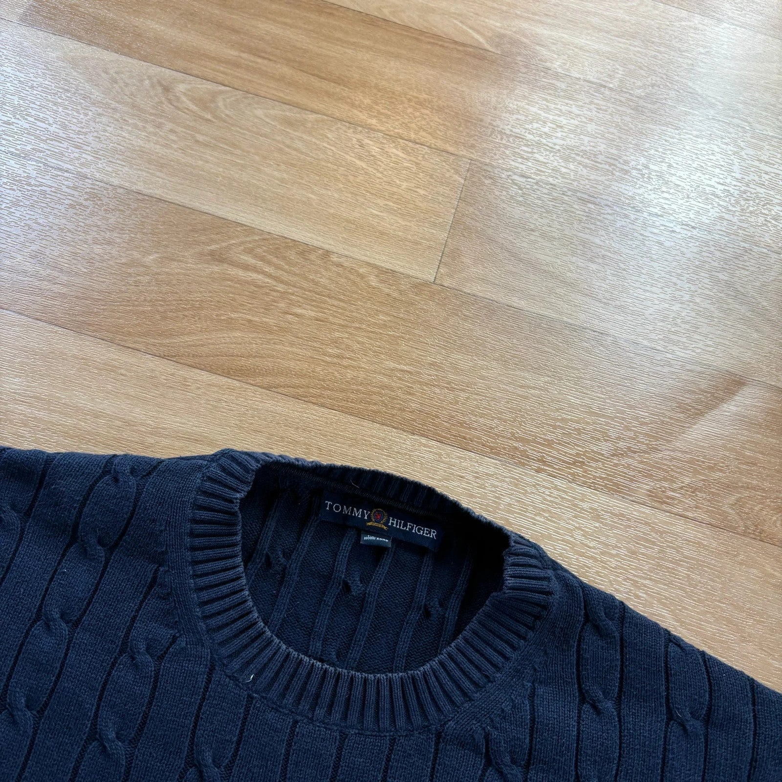 Tommy Hilfiger Navy Cable Knit Crew Neck Vintage Preppy Cotton Sweater Mens