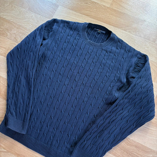 Tommy Hilfiger Navy Cable Knit Crew Neck Vintage Preppy Cotton Sweater Mens