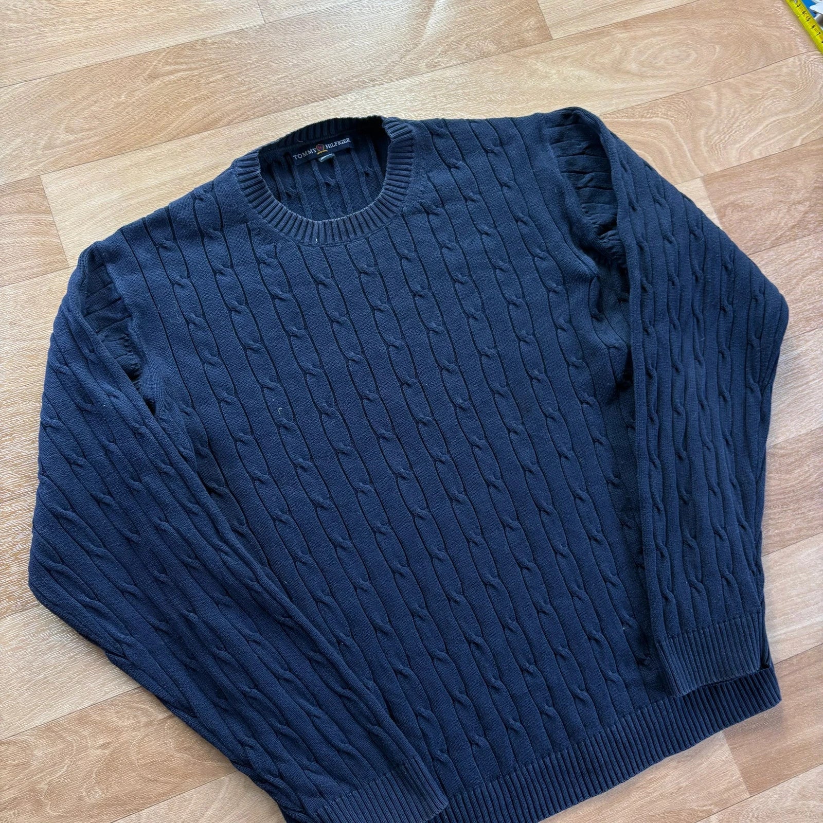 Tommy Hilfiger Navy Cable Knit Crew Neck Vintage Preppy Cotton Sweater Mens