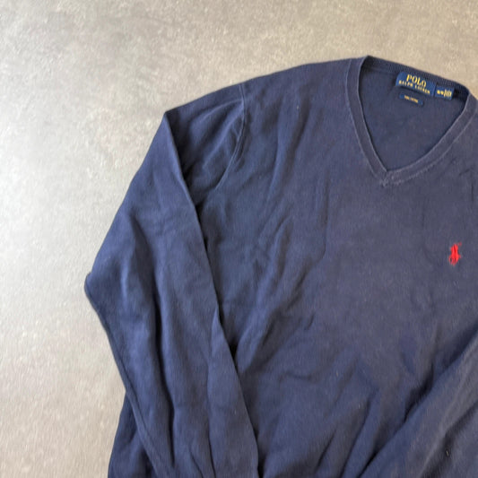 Polo Ralph Lauren Navy V Neck Pima Cotton Sweater Medium Red Pony Logo Vintage Preppy Streetwear