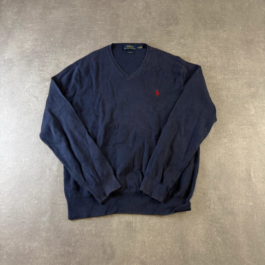Polo Ralph Lauren Navy V Neck Pima Cotton Sweater Medium Red Pony Logo Vintage Preppy Streetwear